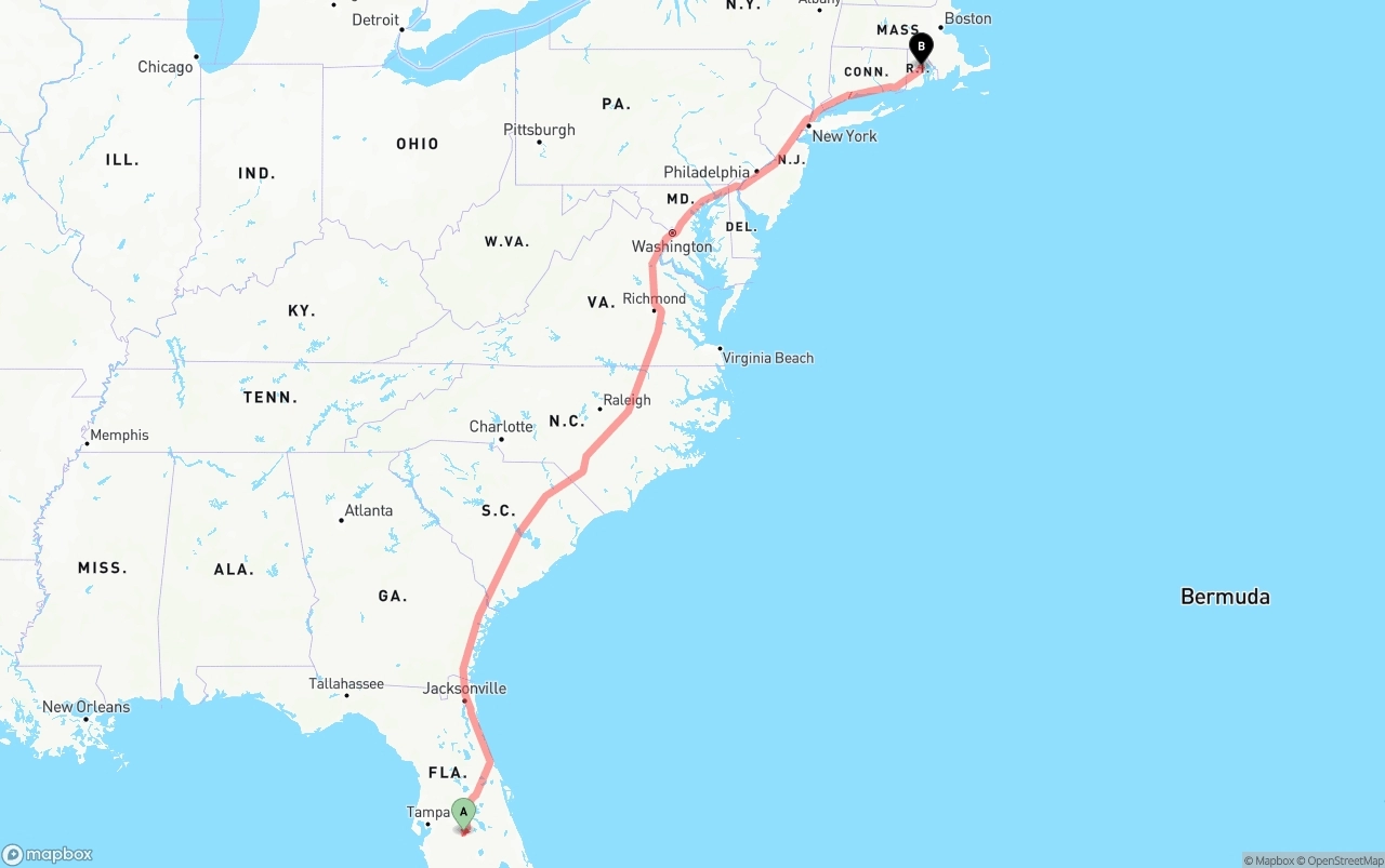 Shipping route from Florida to Rhode Island