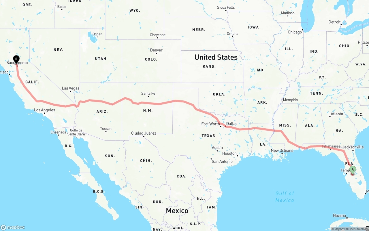 Shipping route from Florida to Sacramento International Airport