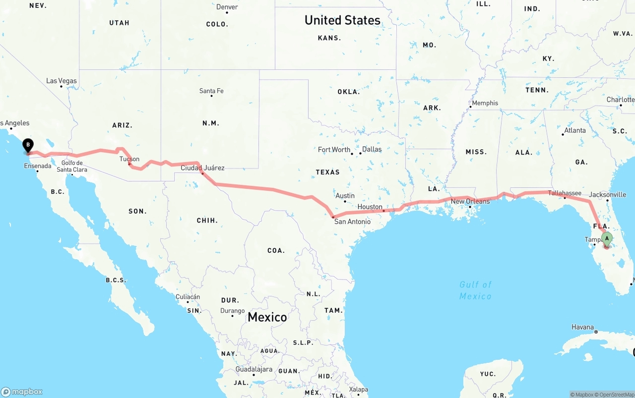 Shipping route from Florida to San Diego International Airport