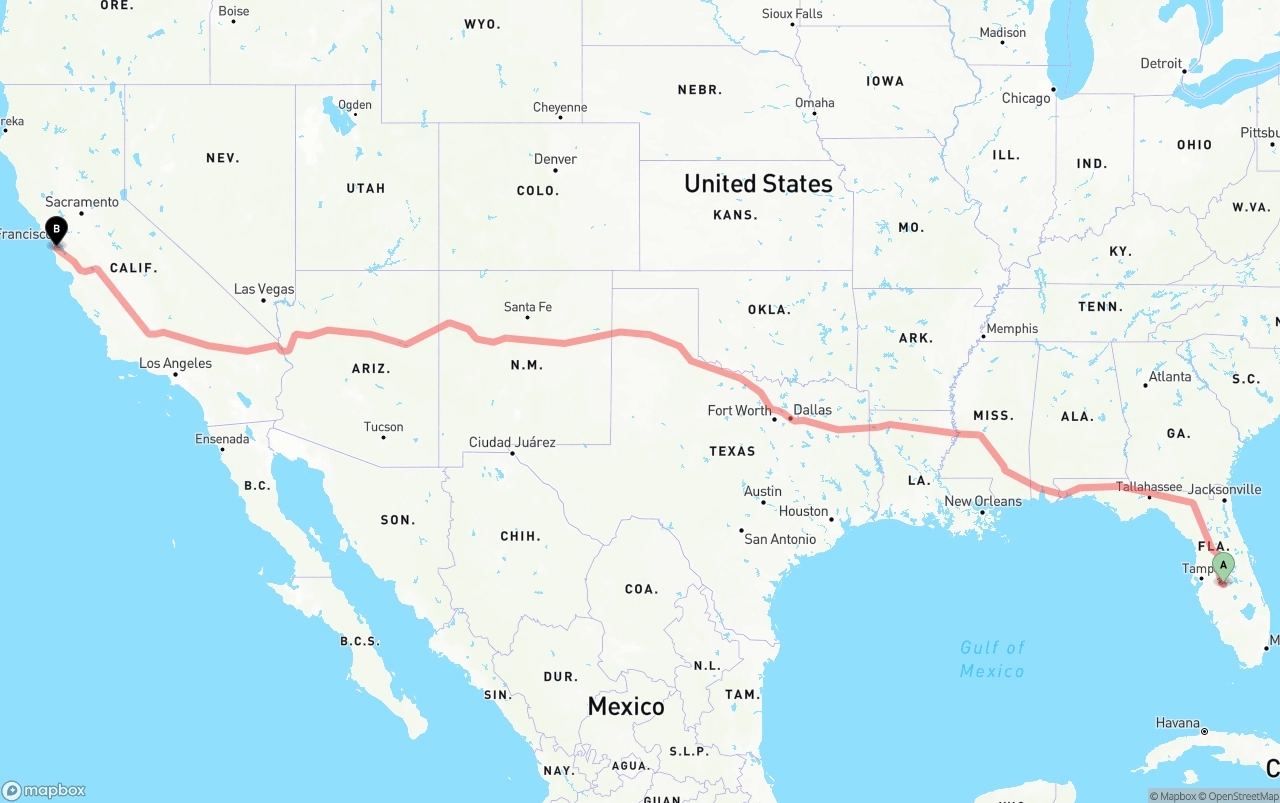 Shipping route from Florida to San Francisco International Airport