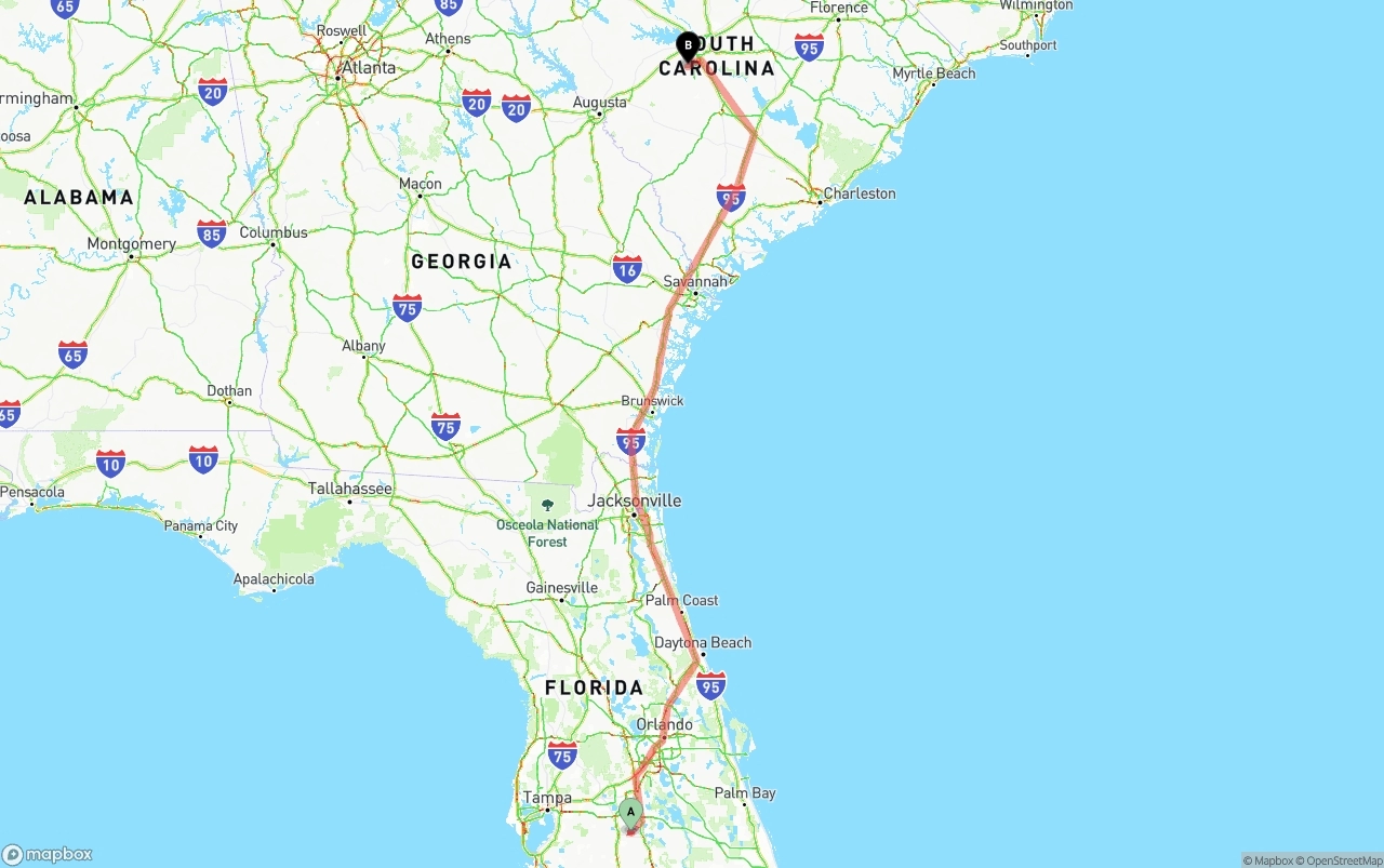 Shipping route from Florida to South Carolina