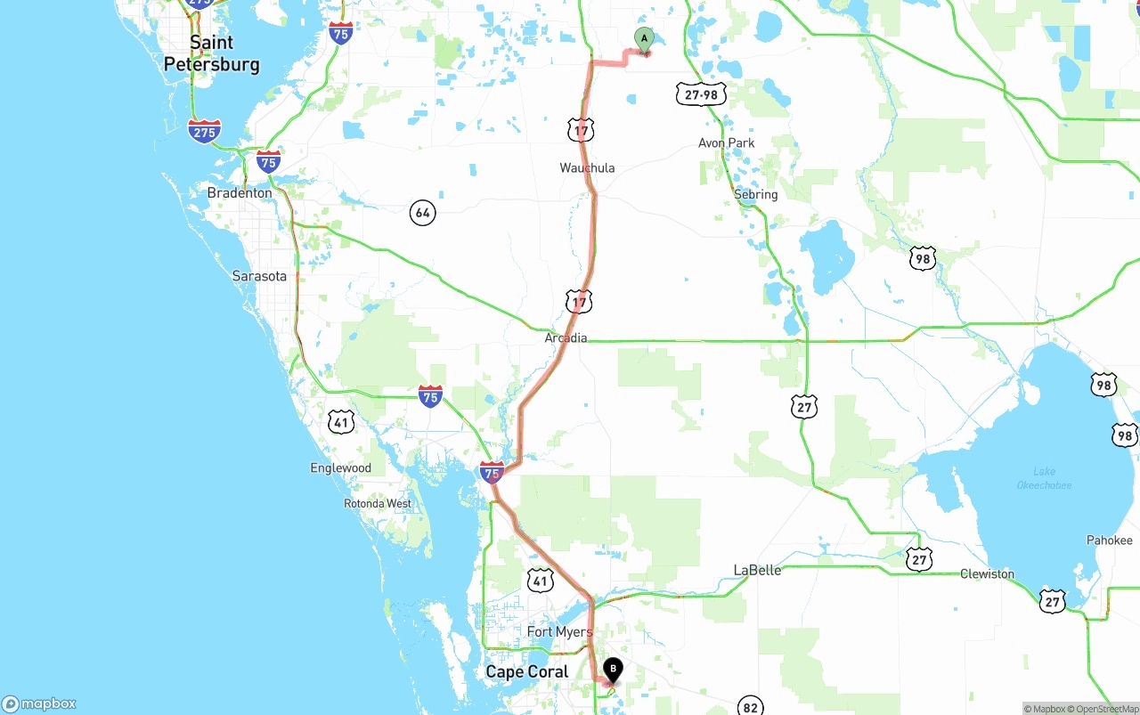 Shipping route from Florida to Southwest Florida International Airport