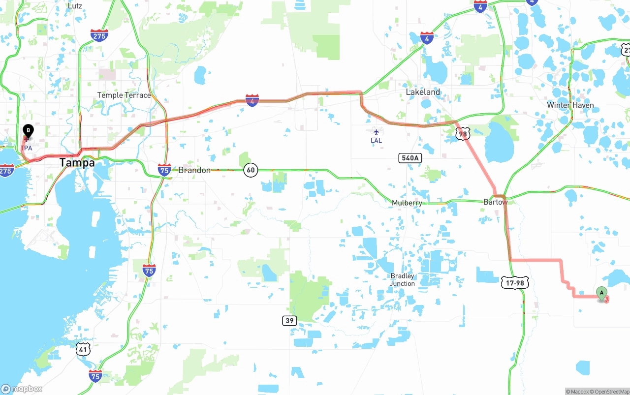 Shipping route from Florida to Tampa International Airport