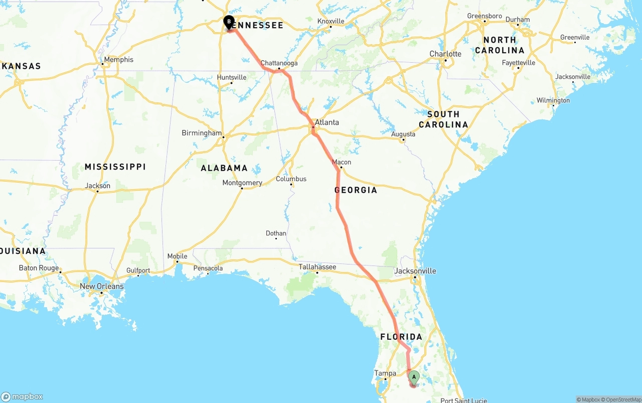 Shipping route from Florida to Tennessee