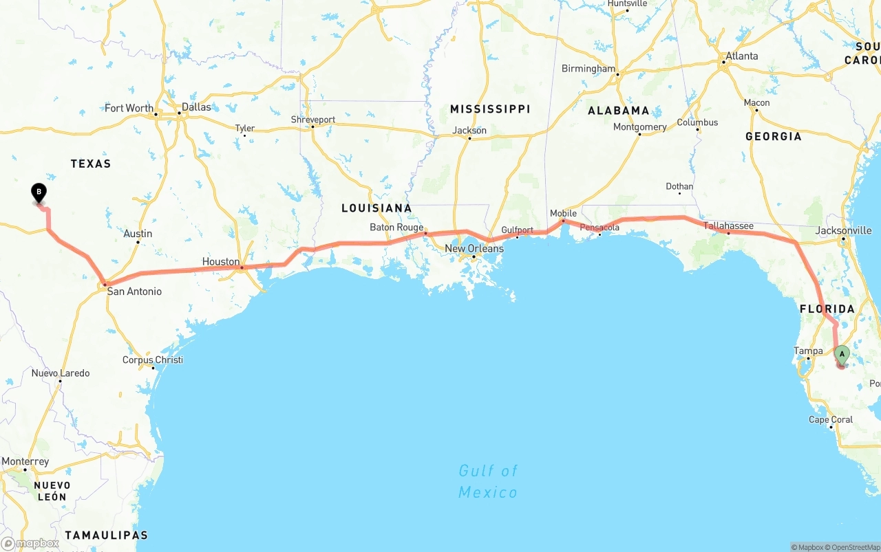 Shipping route from Florida to Texas