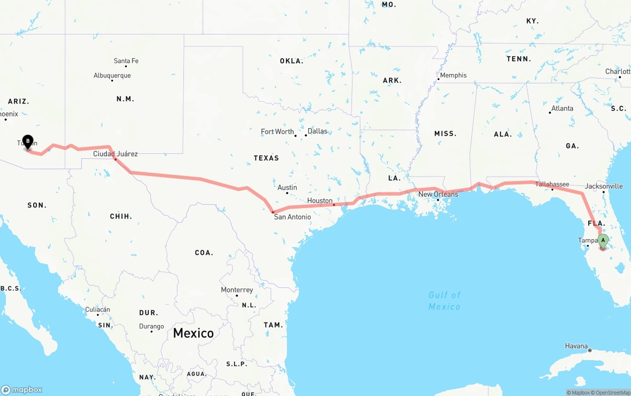 Shipping route from Florida to Tucson International Airport