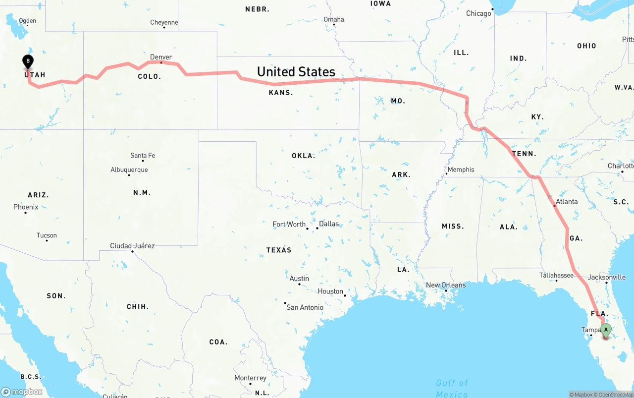 Shipping route from Florida to Utah