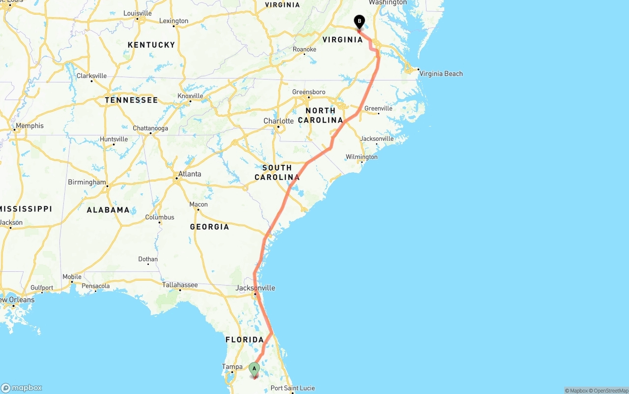Shipping route from Florida to Virginia
