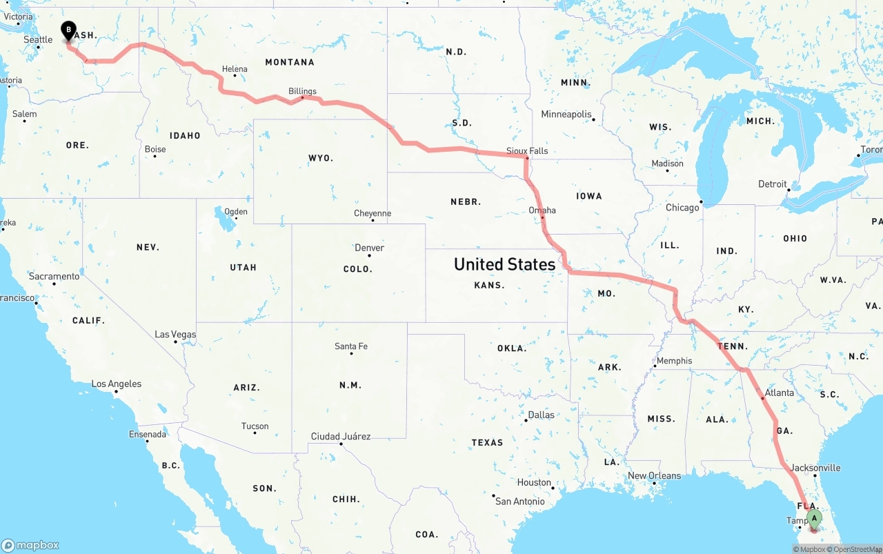 Shipping route from Florida to Washington