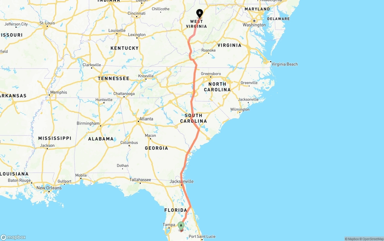 Shipping route from Florida to West Virginia