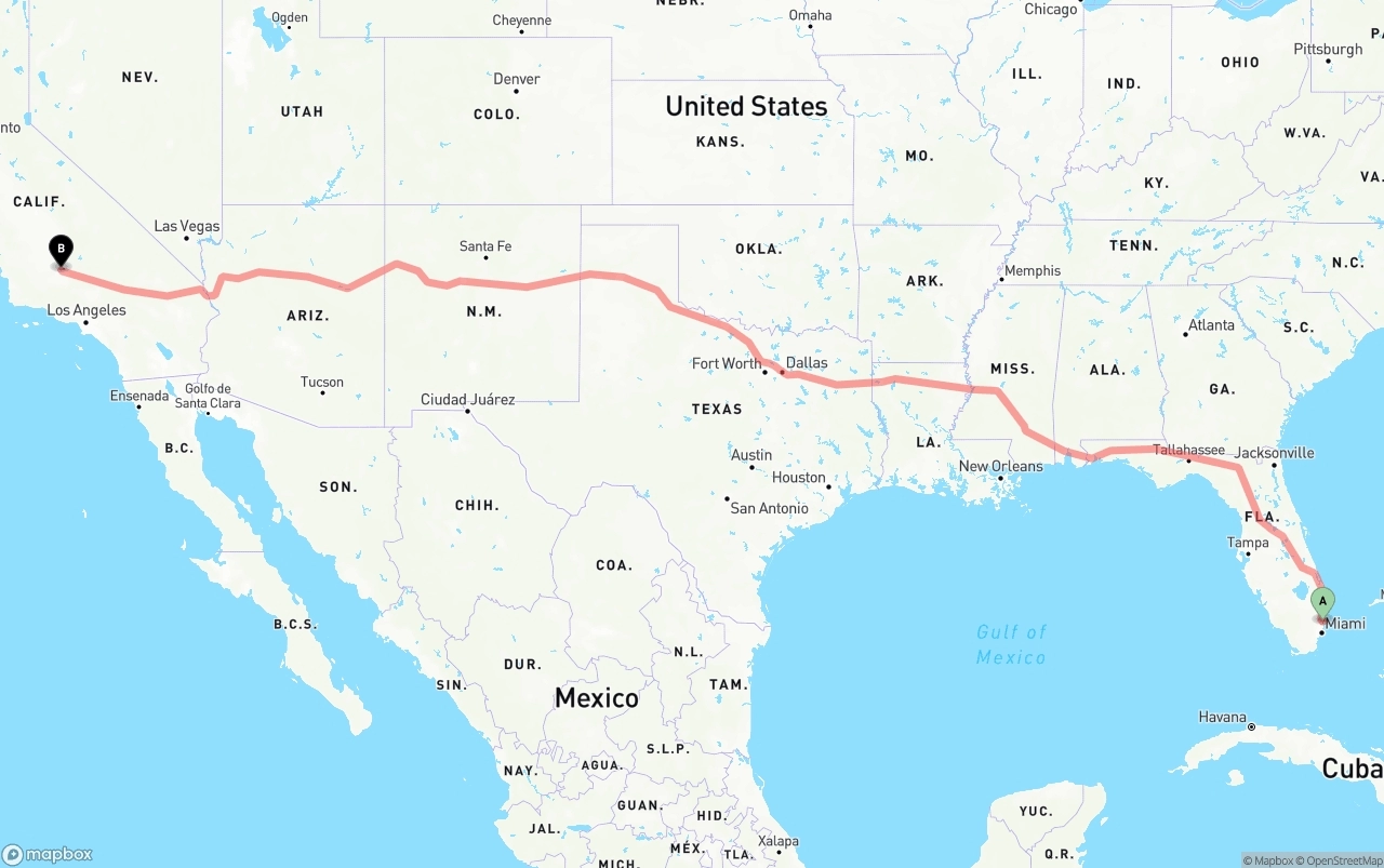 Shipping route from Fort Lauderdale-Hollywood International Airport to Bakersfield