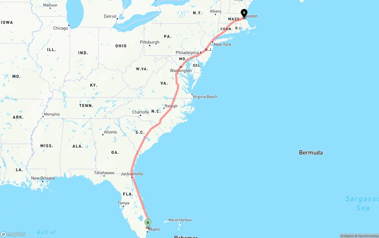 Shipping route from Fort Lauderdale-Hollywood International Airport to Boston