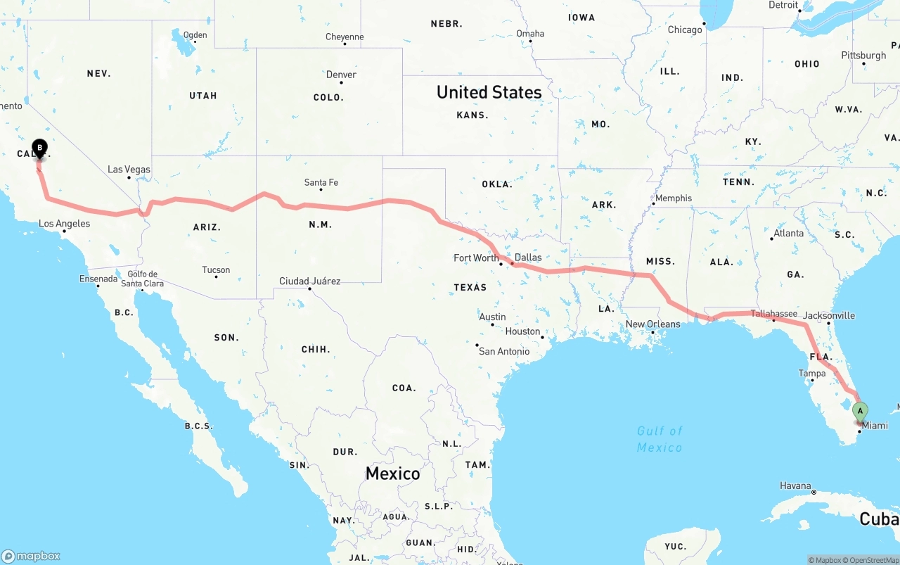 Shipping route from Fort Lauderdale-Hollywood International Airport to California