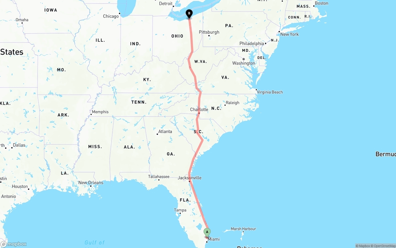 Shipping route from Fort Lauderdale-Hollywood International Airport to Cleveland