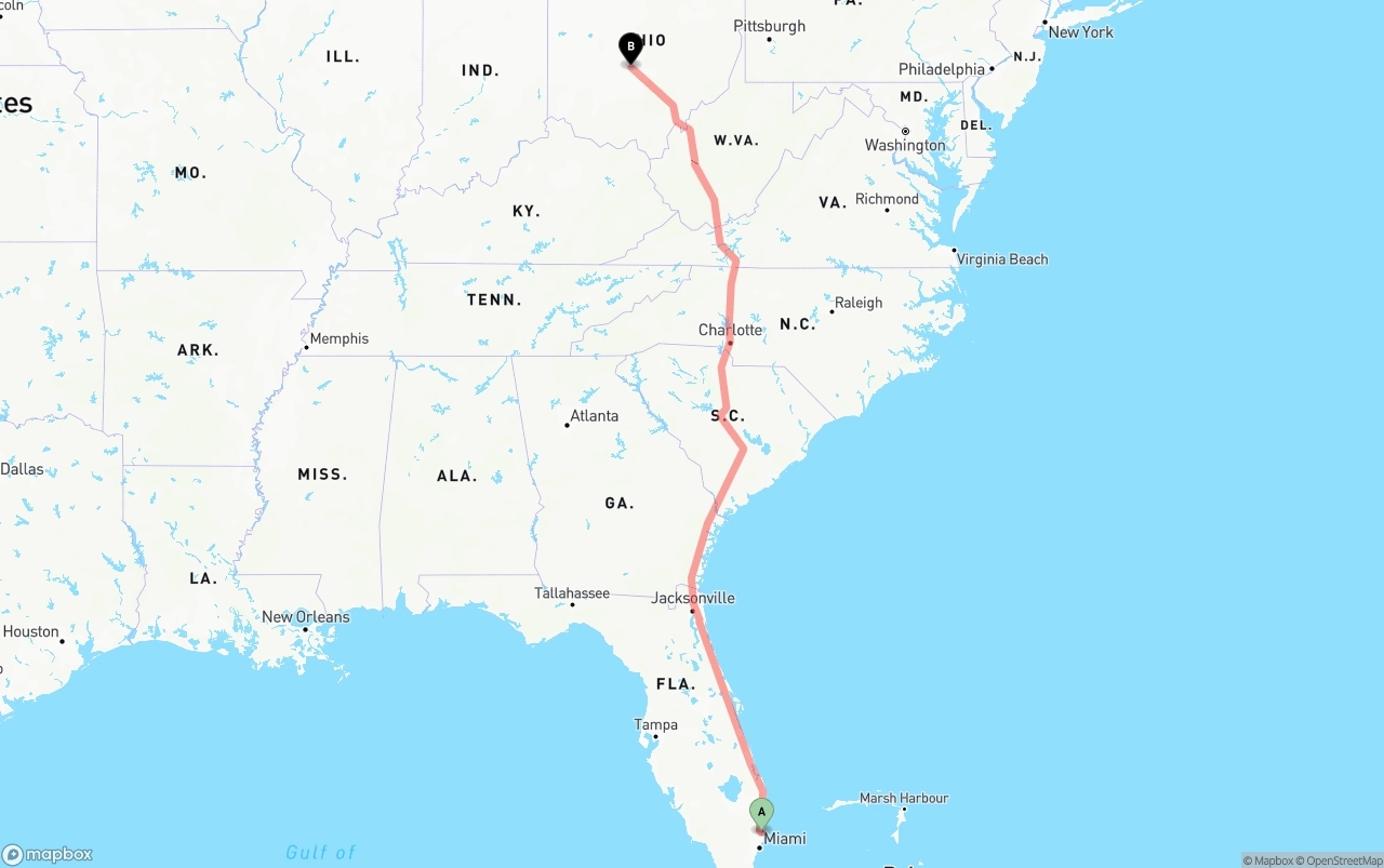 Shipping route from Fort Lauderdale-Hollywood International Airport to Columbus