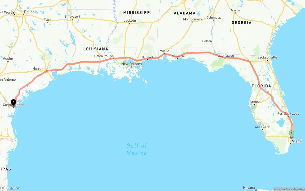 Shipping route from Fort Lauderdale-Hollywood International Airport to Corpus Christi