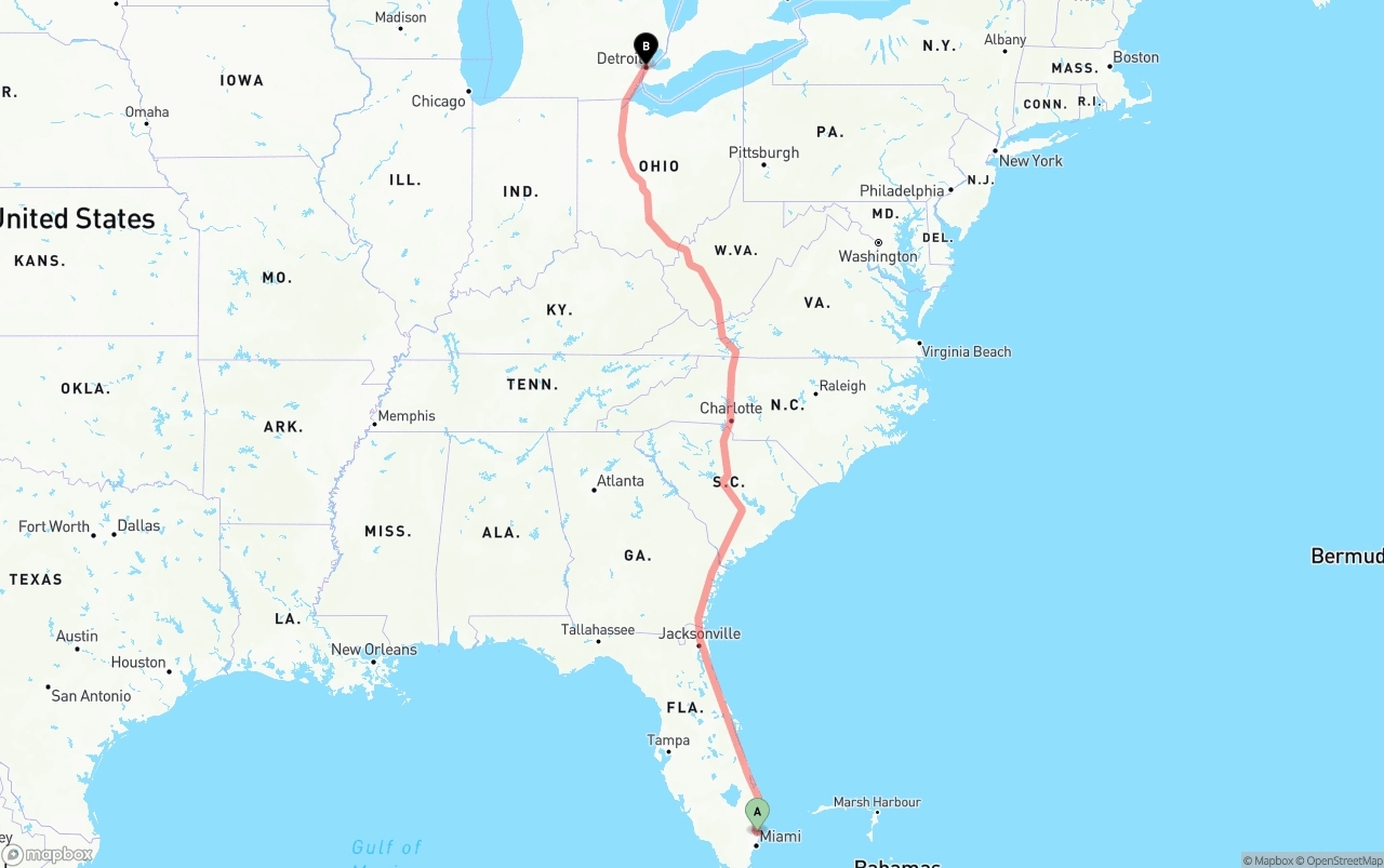 Shipping route from Fort Lauderdale-Hollywood International Airport to Detroit