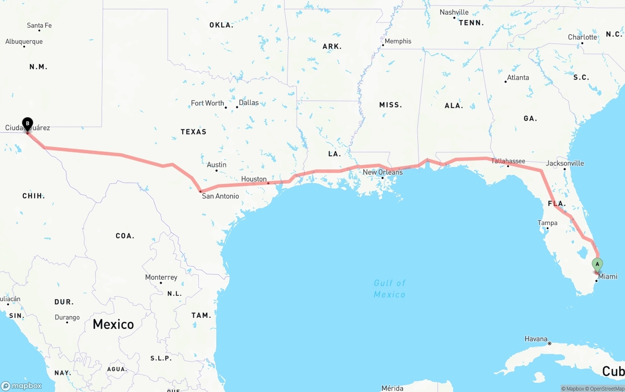 Shipping route from Fort Lauderdale-Hollywood International Airport to El Paso