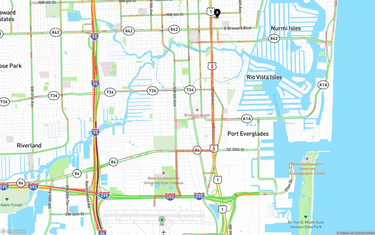Shipping route from Fort Lauderdale-Hollywood International Airport to Ft. Lauderdale