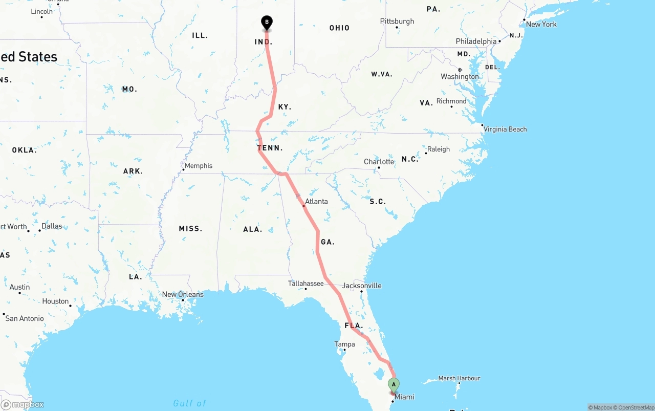 Shipping route from Fort Lauderdale-Hollywood International Airport to Indiana