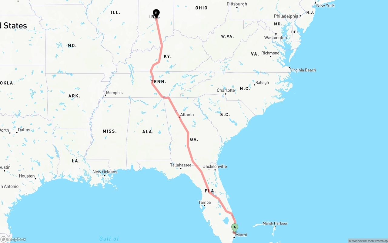Shipping route from Fort Lauderdale-Hollywood International Airport to Indianapolis