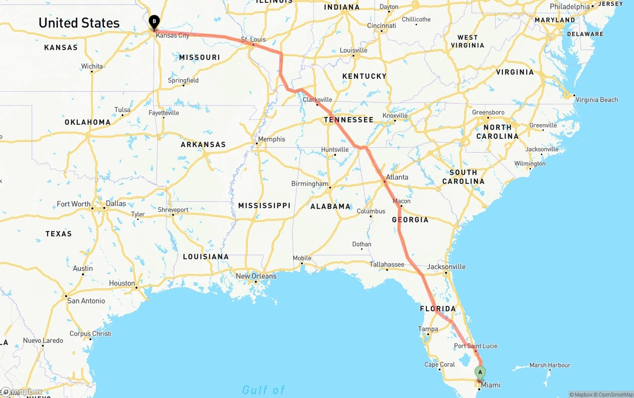 Shipping route from Fort Lauderdale-Hollywood International Airport to Kansas City