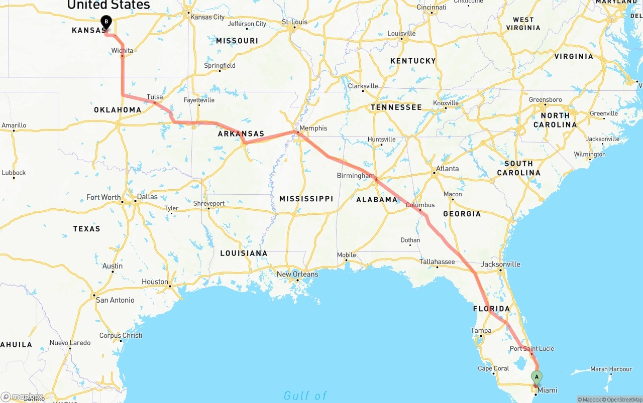 Shipping route from Fort Lauderdale-Hollywood International Airport to Kansas
