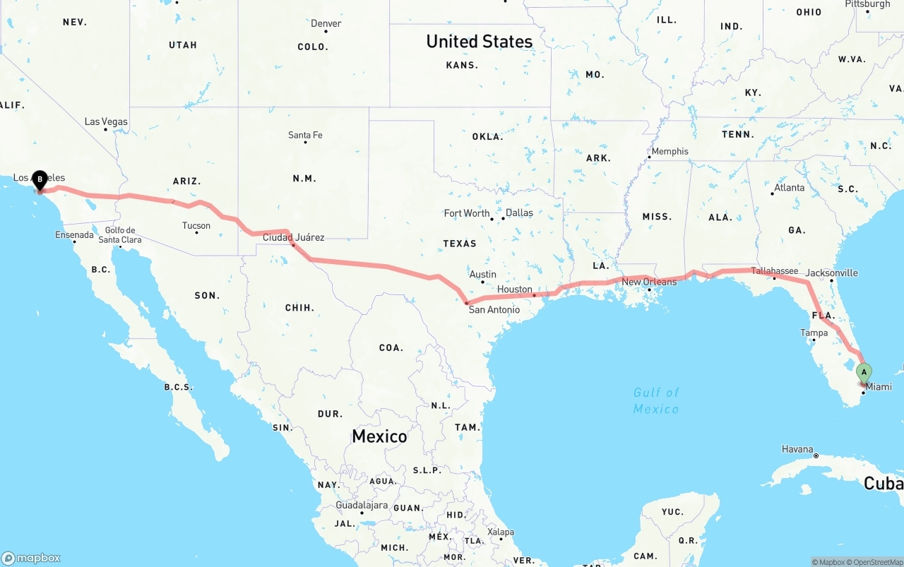 Shipping route from Fort Lauderdale-Hollywood International Airport to Long Beach