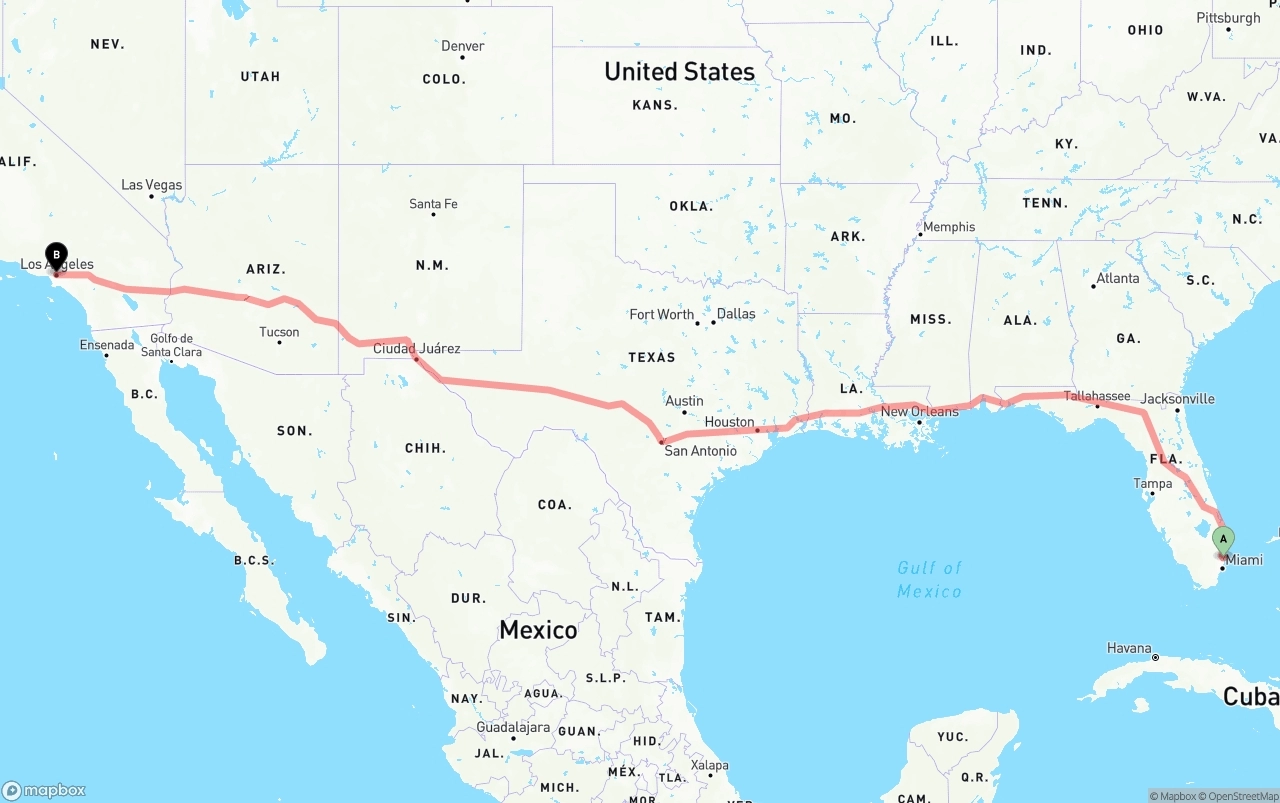 Shipping route from Fort Lauderdale-Hollywood International Airport to Los Angeles