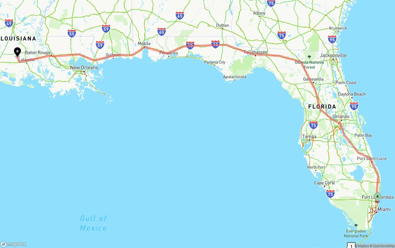 Shipping route from Fort Lauderdale-Hollywood International Airport to Louisiana