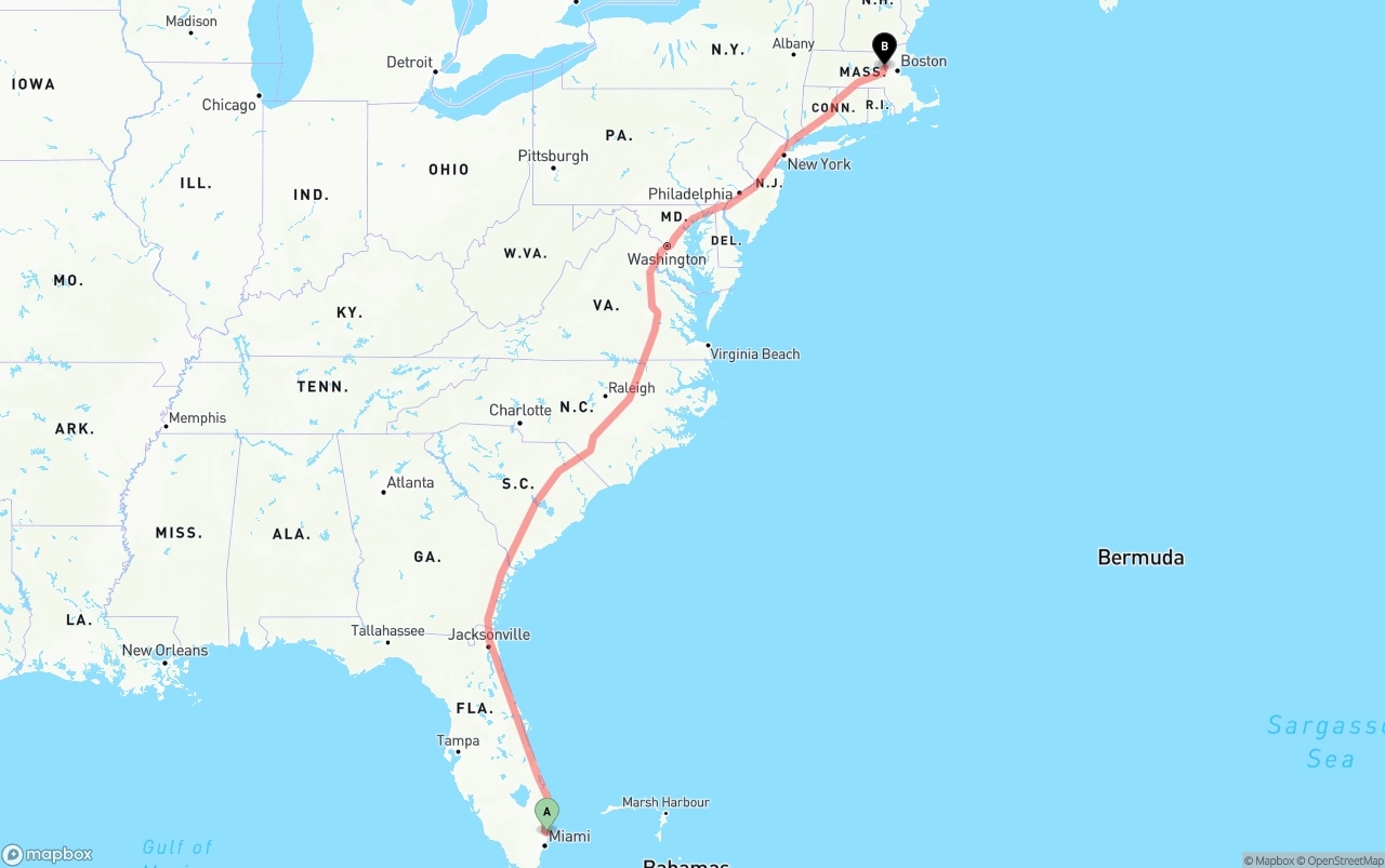 Shipping route from Fort Lauderdale-Hollywood International Airport to Massachusetts