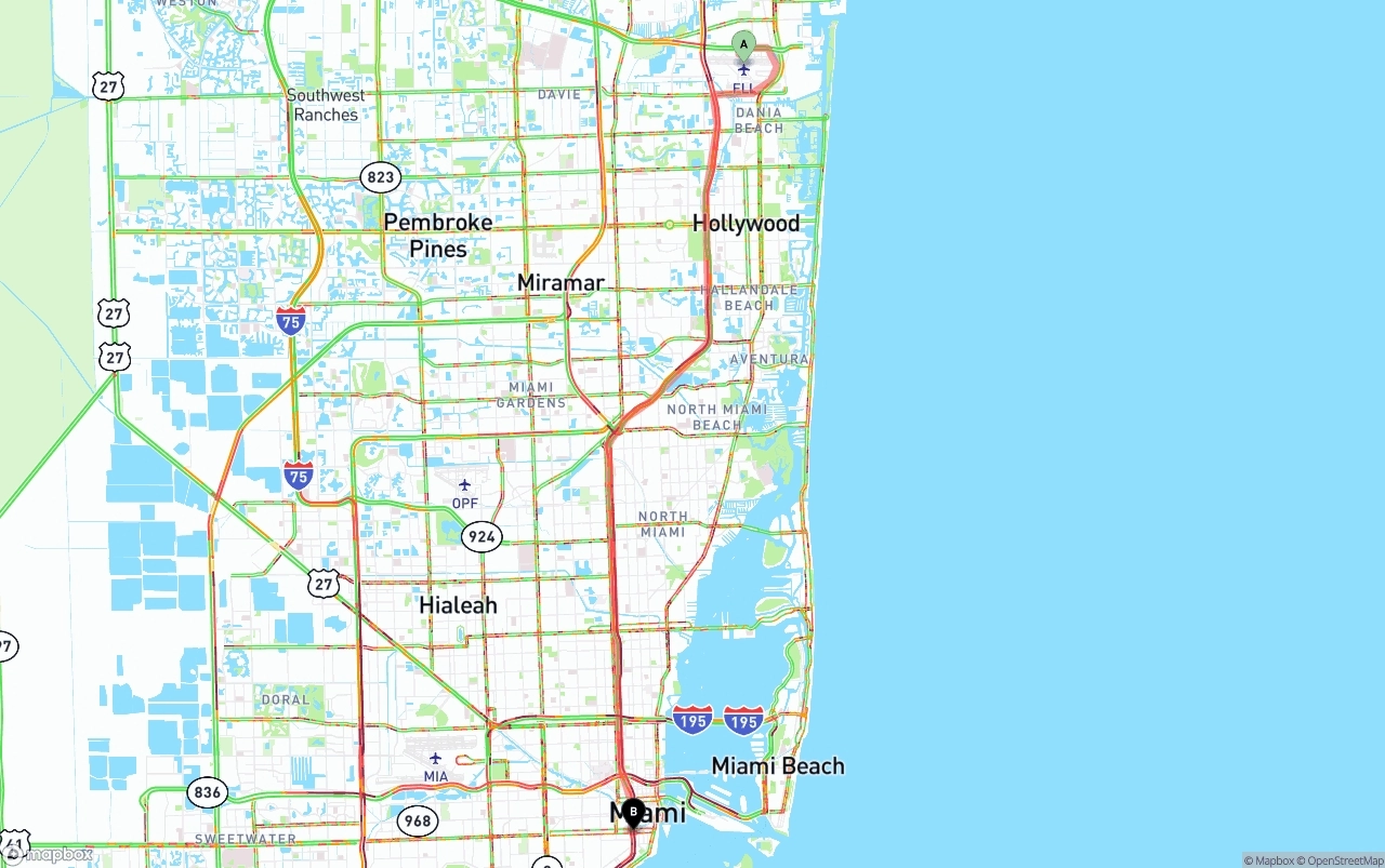 Shipping route from Fort Lauderdale-Hollywood International Airport to Miami