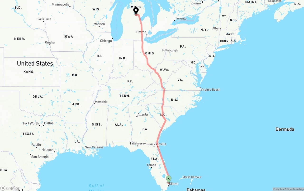 Shipping route from Fort Lauderdale-Hollywood International Airport to Michigan