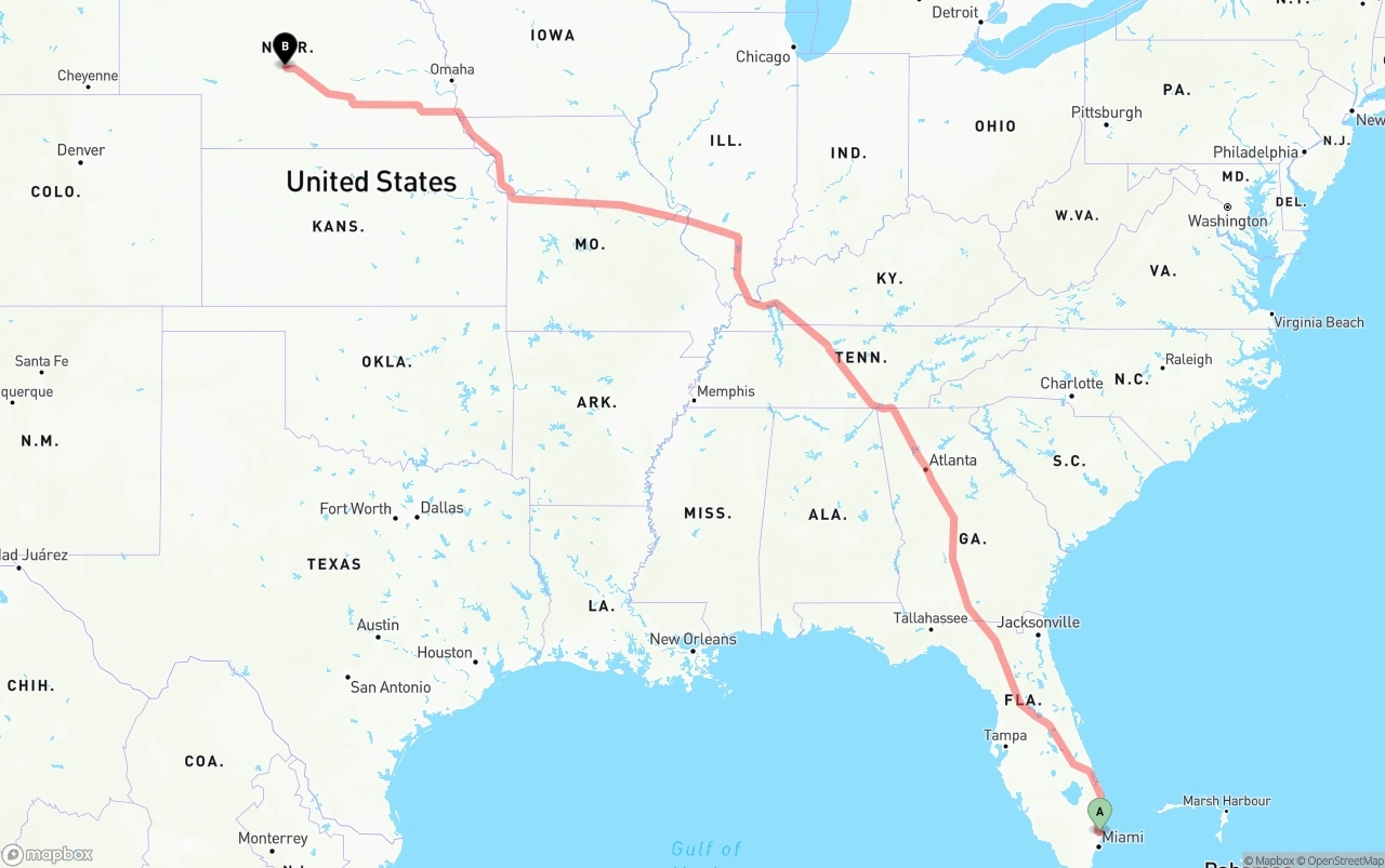 Shipping route from Fort Lauderdale-Hollywood International Airport to Nebraska