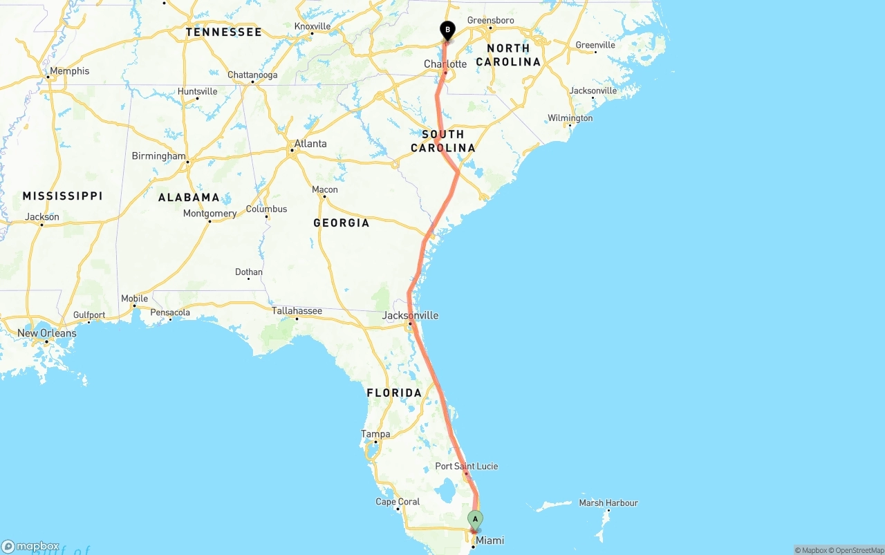 Shipping route from Fort Lauderdale-Hollywood International Airport to North Carolina