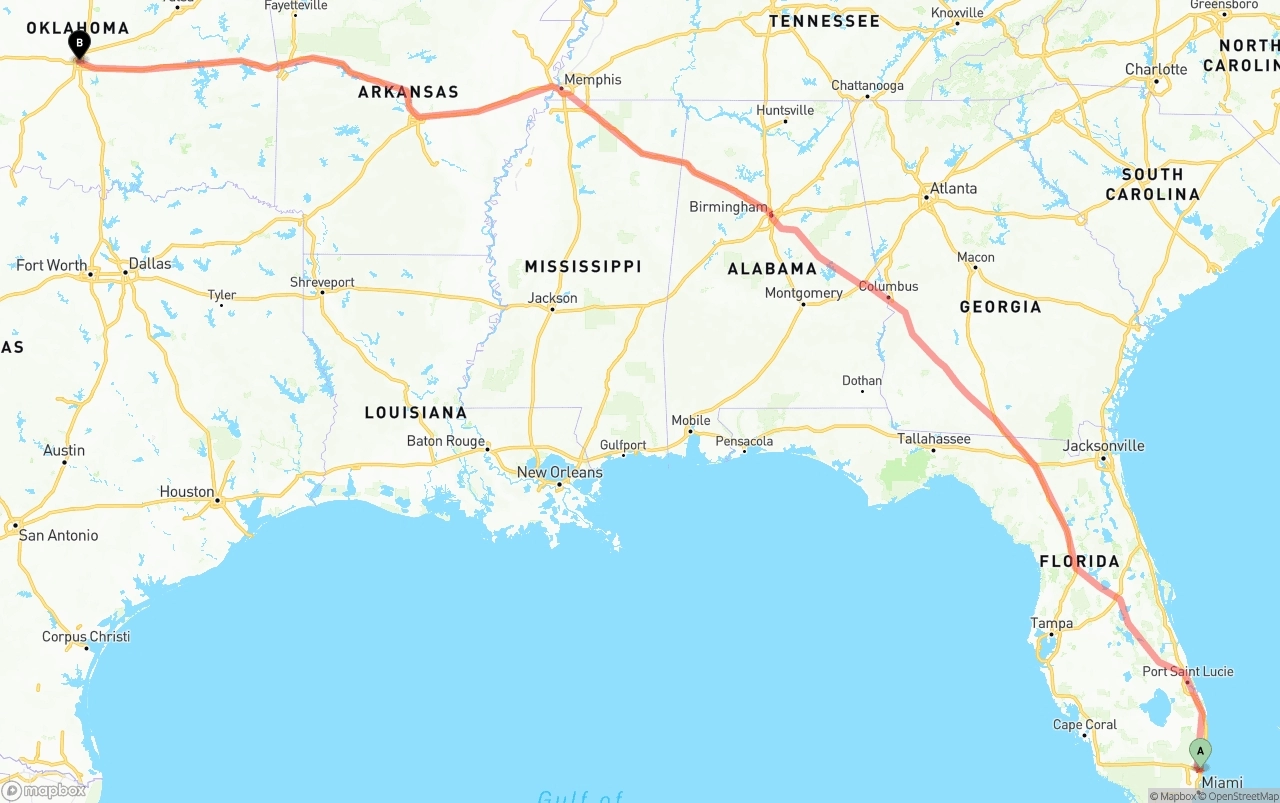 Shipping route from Fort Lauderdale-Hollywood International Airport to Oklahoma City