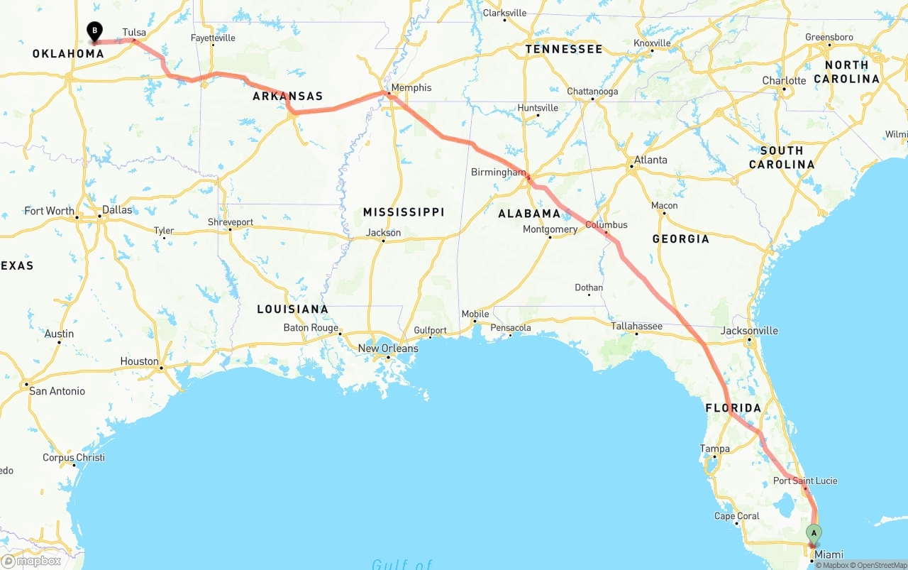 Shipping route from Fort Lauderdale-Hollywood International Airport to Oklahoma