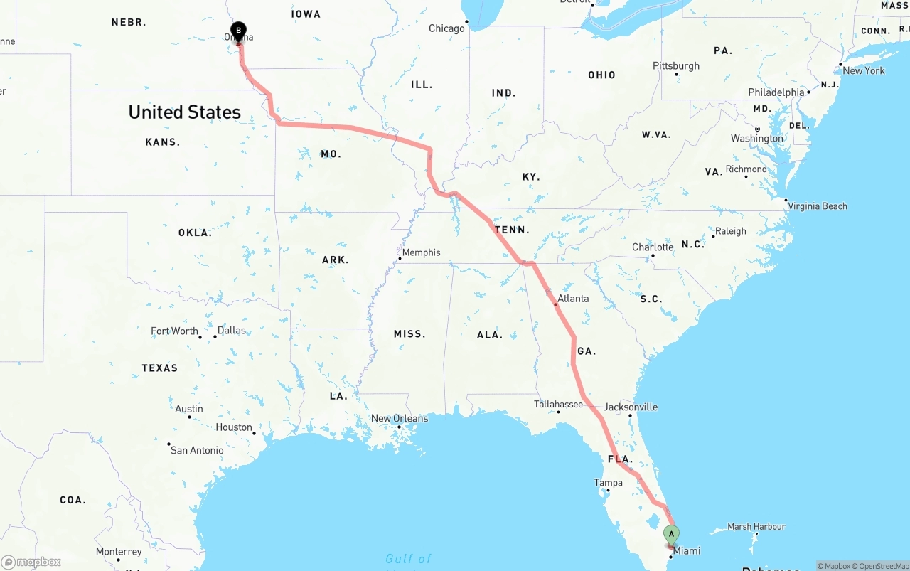 Shipping route from Fort Lauderdale-Hollywood International Airport to Omaha