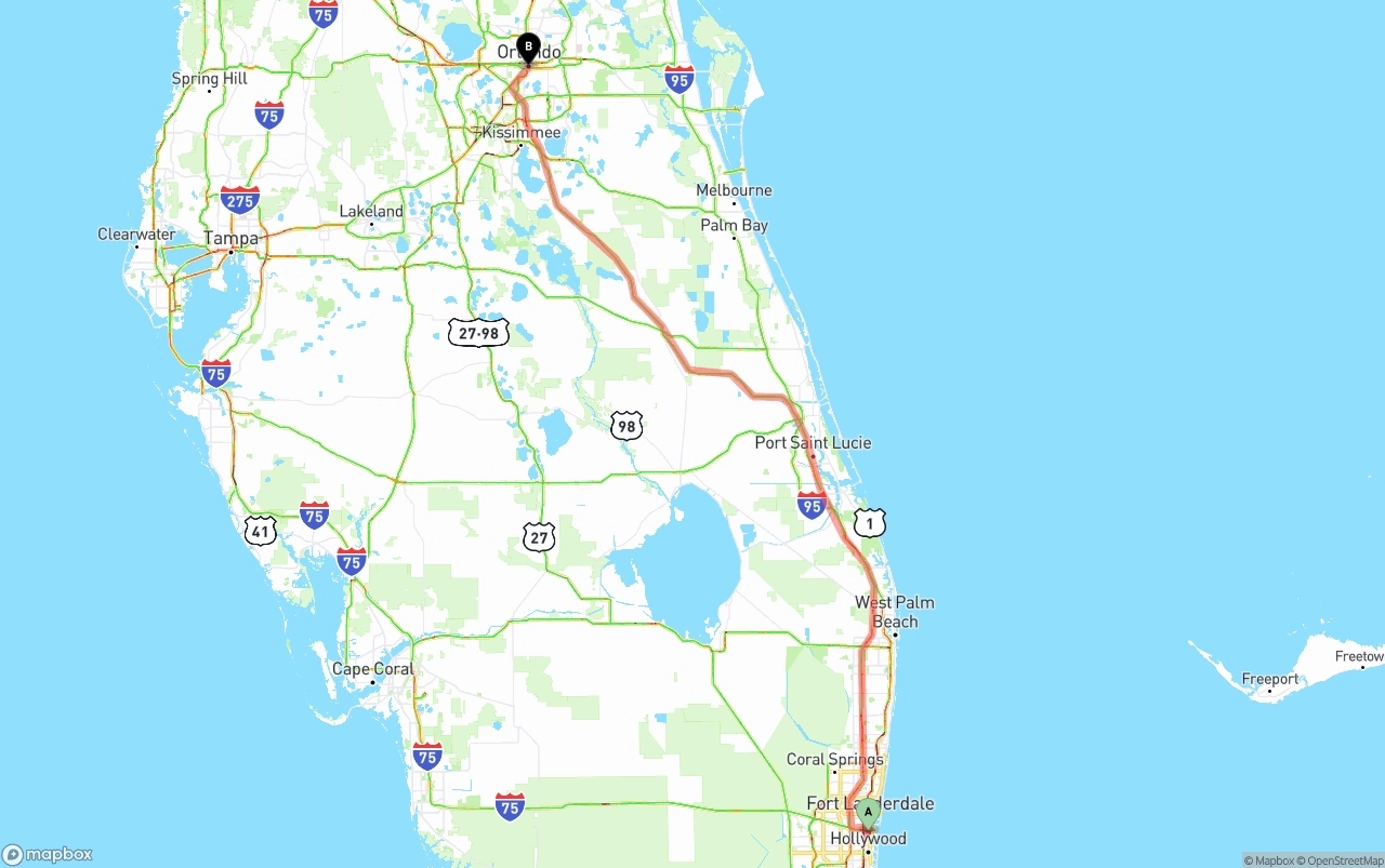 Shipping route from Fort Lauderdale-Hollywood International Airport to Orlando