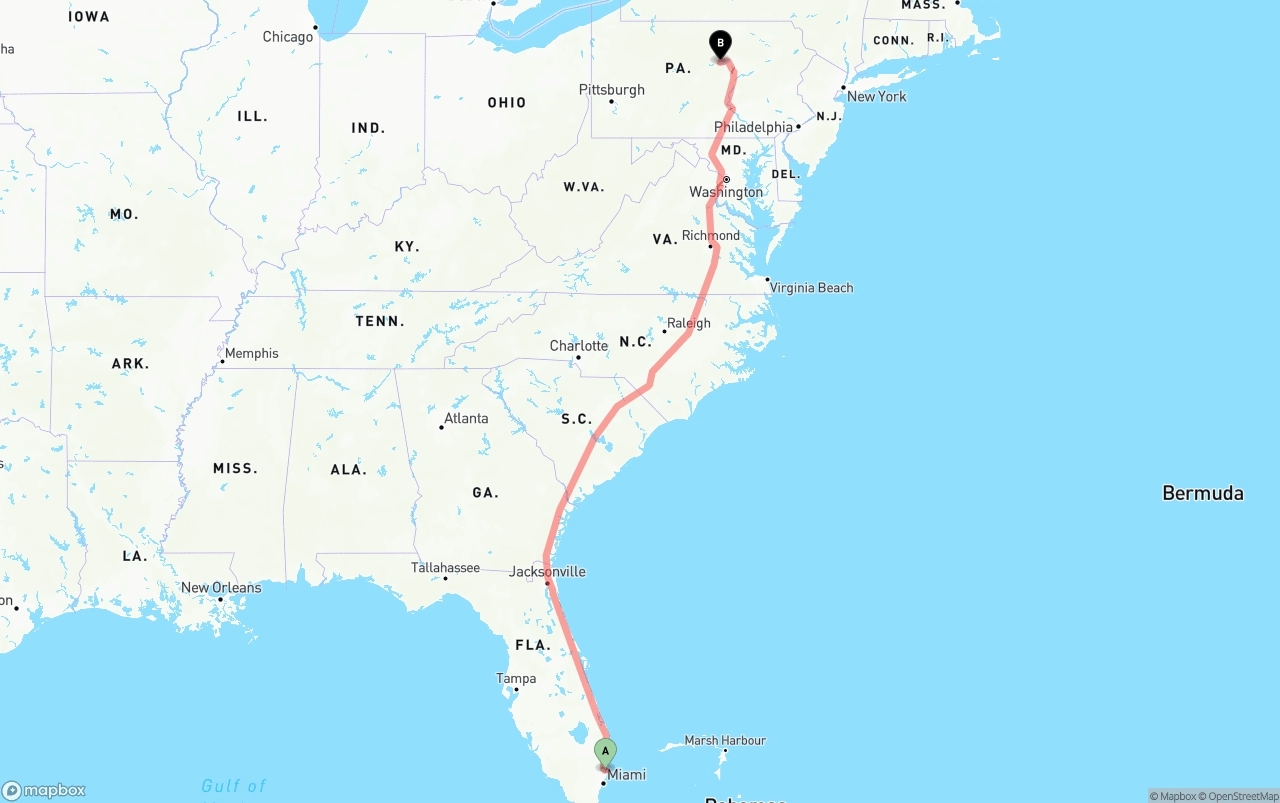 Shipping route from Fort Lauderdale-Hollywood International Airport to Pennsylvania
