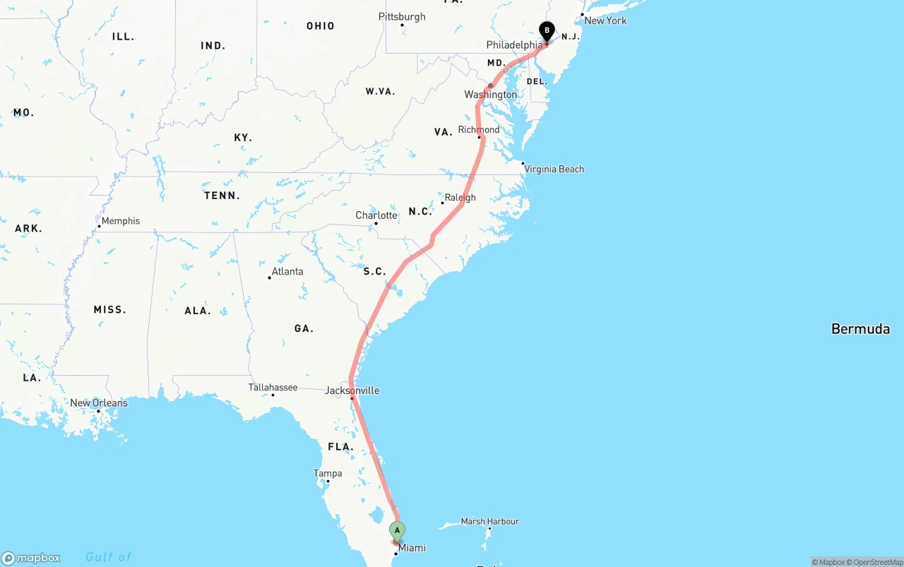 Shipping route from Fort Lauderdale-Hollywood International Airport to Philadelphia