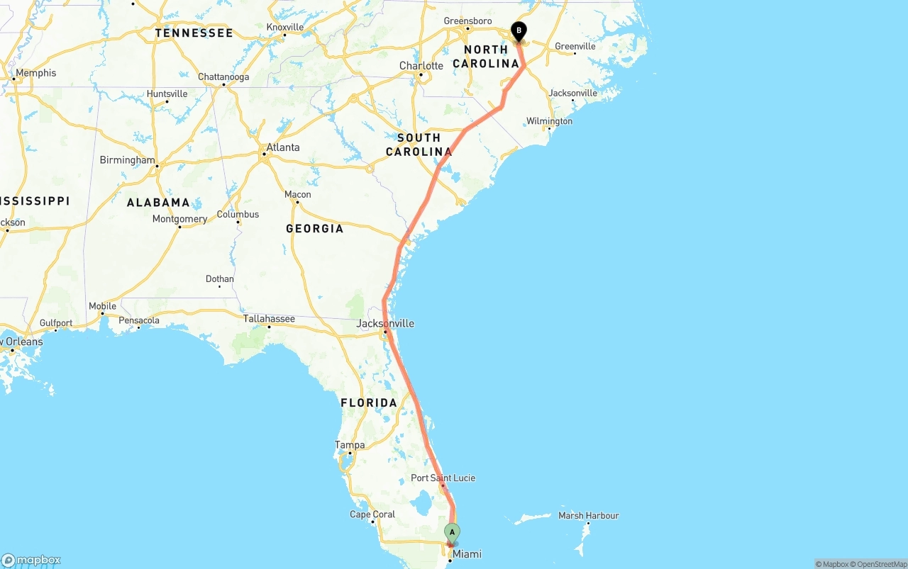 Shipping route from Fort Lauderdale-Hollywood International Airport to Raleigh