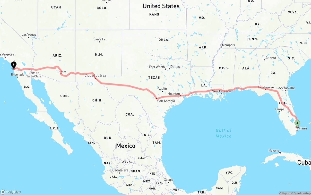 Shipping route from Fort Lauderdale-Hollywood International Airport to San Diego