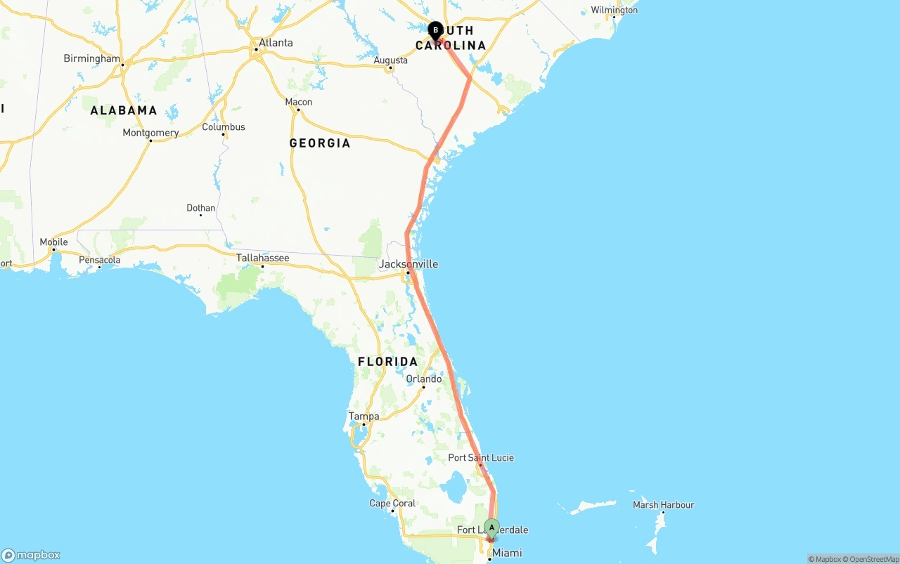 Shipping route from Fort Lauderdale-Hollywood International Airport to South Carolina