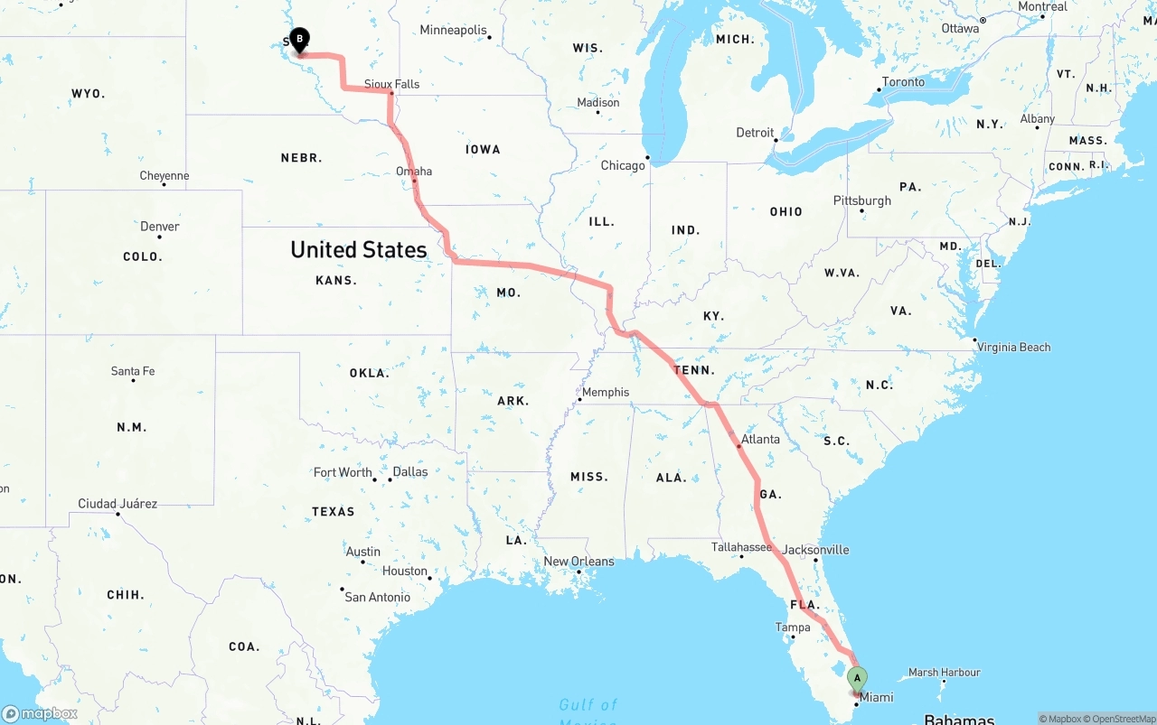 Shipping route from Fort Lauderdale-Hollywood International Airport to South Dakota