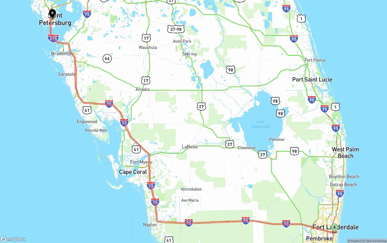 Shipping route from Fort Lauderdale-Hollywood International Airport to St. Petersburg