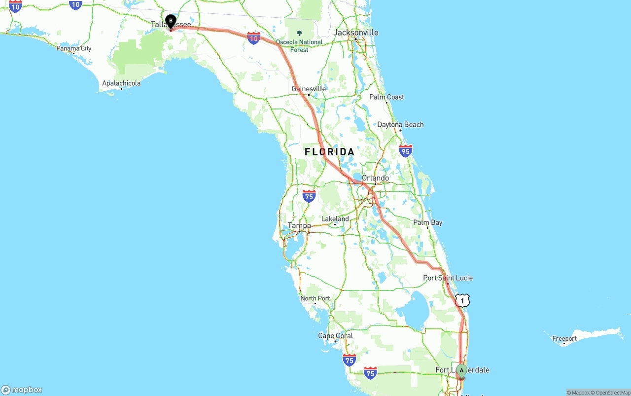 Shipping route from Fort Lauderdale-Hollywood International Airport to Tallahassee