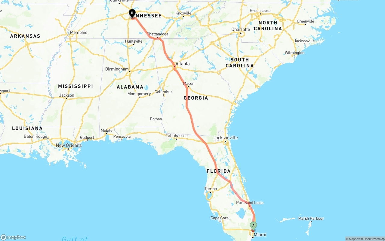 Shipping route from Fort Lauderdale-Hollywood International Airport to Tennessee