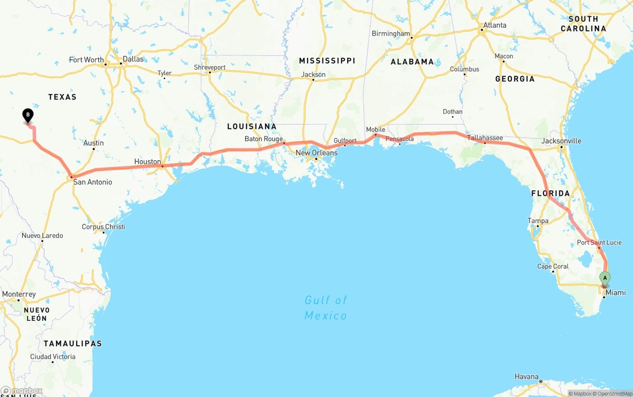 Shipping route from Fort Lauderdale-Hollywood International Airport to Texas