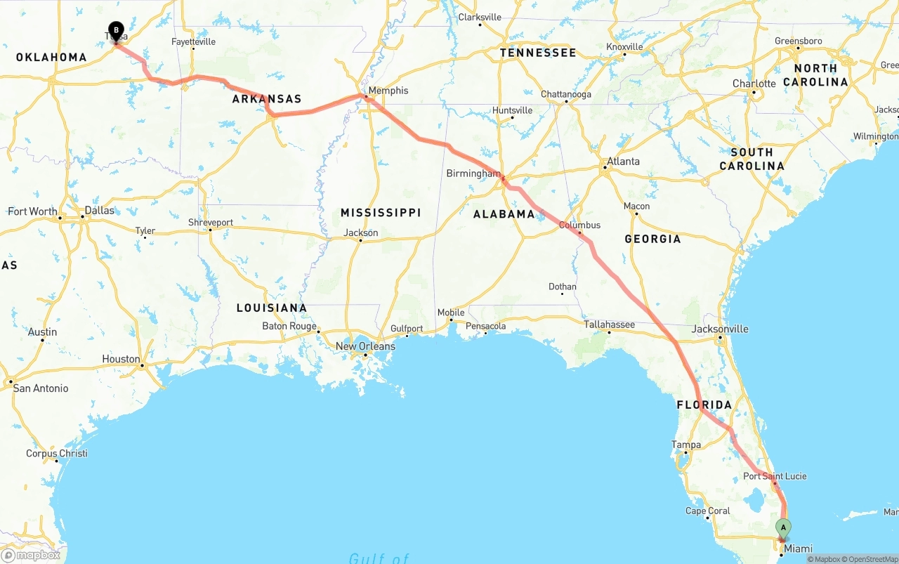 Shipping route from Fort Lauderdale-Hollywood International Airport to Tulsa